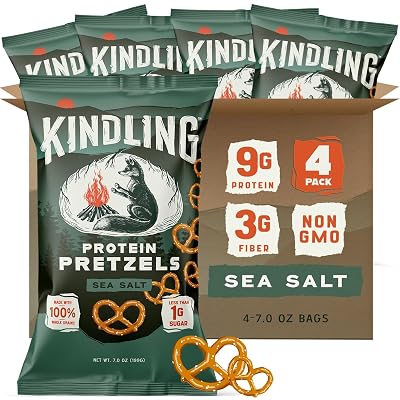 Kindling Protein Pretzels - Sea Salt | Protein-Packed Snack | Kosher | 8 - 9g Protein Per Serving | Only 1-2g of Total Sugar | No Artificial Flavors, Soy-Free | Kids Snacks & Lunches, Office Snacks, On-the-Go | 4-Pack 7oz Bags
