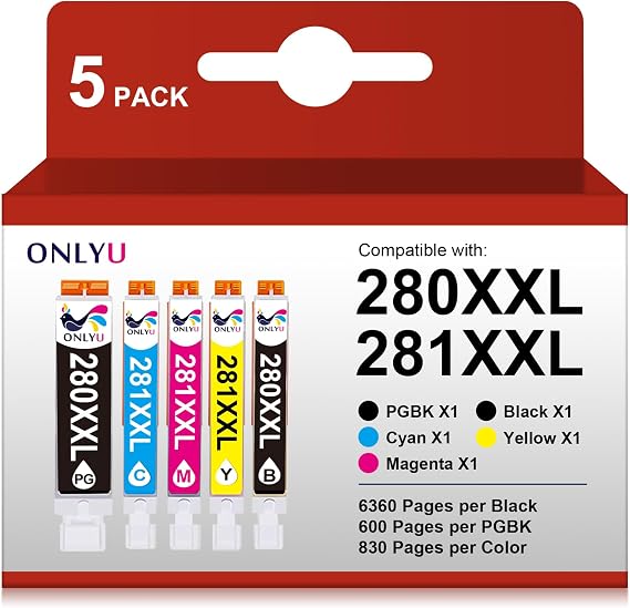 ONLYU 280XXL 281XXL Compatible for Canon Ink 280 and 281 Cartridges PGI-280XXL CLI-281XXL for Canon TR8620a Ink Cartridges for Pixma TR8620 TR8620a TS6320 TR7520 TS6120 TS6220 TS8220 TS9520 (5 Pack)