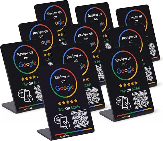Google Review Stand by TapFive Tap to Review NFC Tap & QR Code Sign for Restaurants, Salons, Retail & Front Desks | QR Code Stand | No Monthly Fees (Black, 10 Stands)