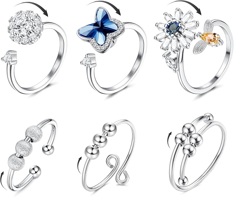 sailimue 6 Pcs Anxiety Fidget Rings for Women Spinner Rings Adjustable | Spinner Fidget Rings for Anxiety CZ Flower Butterfly Bead Stress Relief Open Stackable Ring Set