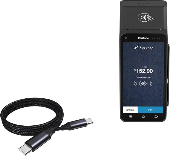 BoxWave Cable Compatible with Verifone T650p - DirectSync PD Cable (3ft) - USB-C to USB-C (100W), Type C Braided Charge and Fast Sync - Jet Black