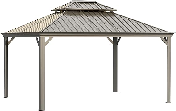 Sojag Monaco Gazebo Rustproof Aluminum Frame Double Roof Sun Shelter with Curtain Set and Mosquito Netting Included, 12' x 14', Champagne