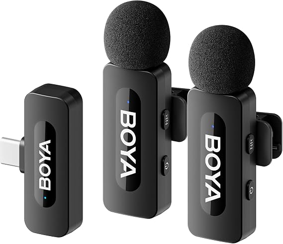 BOYA BY-V20 New USB C Wireless Lavalier Microphone for Android PC, 100m Range, Mini Dual Lapel Microphone for Video Recording, Vlog, YouTube, TikTok Video Recording