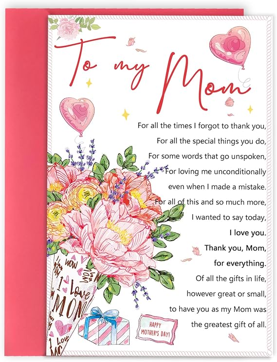 YiKaLus Mother's Day Card to My Mom,Romantic Mothers Day Gifts for Women,Mother's Day Greeting Cards for Mom from Daughter Son,Lovey Gift Idea for Her