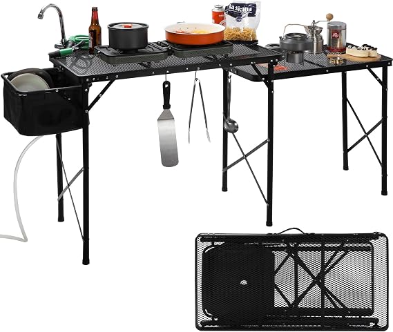 REDCAMP Portable Camping Kitchen Table with Sink (Faucet/Sprayer Included) | Metal Folding Grill Table Outdoor Cooking Station with Hooks for BBQ, Party and Picnic