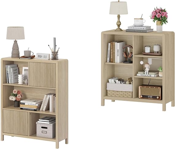 FATORRI 5 Cube Bookshelf and 5 Cube Bookcase with 2 Doors (Light Walnut)