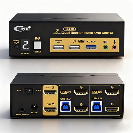 CKL 8K HDMI KVM Switch with EDID Emulation Support Hotkey Audio and Microphone (for 2 Computers 2 Monitors 922HUA-5)