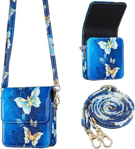 Magnetic Closure PU Leather Wallet Pouch Butterfly Design with Crossbody Shoulder Strap for Moto Razr 2025/2024 /2023,Razr Plus 2025/2024/2023,Moto Razr Ultra,Samsung Galaxy Z FLIP 7/6/5/4/3 Blue