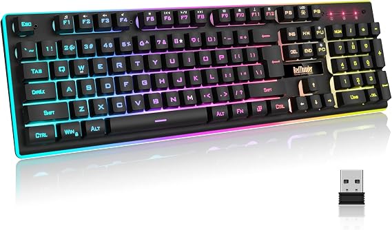 RedThunder K10 Wireless Gaming Keyboard, Rechargeable 3000mAh 2.4G LED Backlit Wireless, Ergonomic Keyboard with Mechanical Feeling Keys for PC PS4 Xbox One Mac, Teclado Gamer, Black