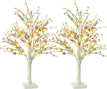 Ethlomoer Easter Decorations, 2 Pcs 25 Inch Pre-Lit Easter Egg Tree with Timer, Battery Powered Easter Birch Tree with 24 LED Lights, Easter Trees for Home Party Wedding Holiday Spring Decoration