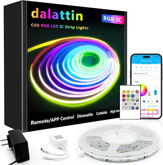 dalattin Smart RGB COB LED IC Strip Lights, 576 LEDs/m Addressable High Density Flexible with Remote & App Control, 16.4ft LED Lights for Living Room, Bedroom, Kitchen Lighting