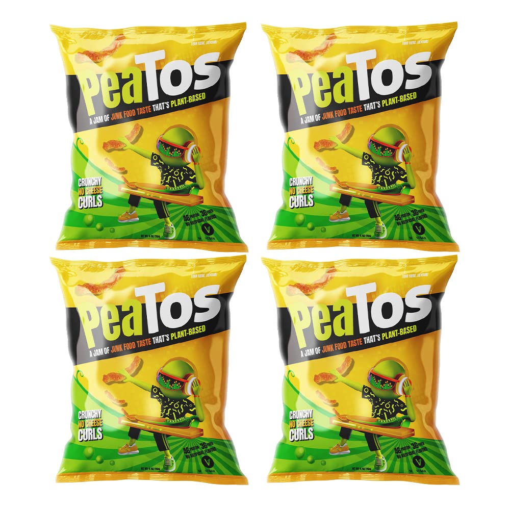 PeaTos® - the Craveworthy upgrade to America's favorite snacks - Crunchy No Cheese Curls in Snack Sized 4 oz. Bags 4 pack full of “JUNK FOOD” flavor and fun WITHOUT THE JUNK. PeaTos are Pea-Based, Plant-Based, Vegan, Gluten-Free, and Non-GMO