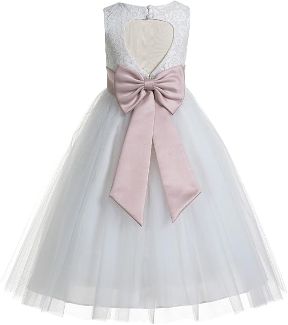 Floral Lace Heart Cutout Ivory Flower Girl Dress Junior Bridesmaid Pageant Gown