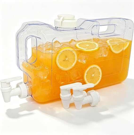 Refrigerator Water Dispenser 1.1 Gallon, Plastic Beverage Dispenser with 2 Spigots,Leak-Proof, Easy-Grip Handle & Easy-Pour Spout, Refillable Container for Fridge, Kitchen, Juice, Daily Use