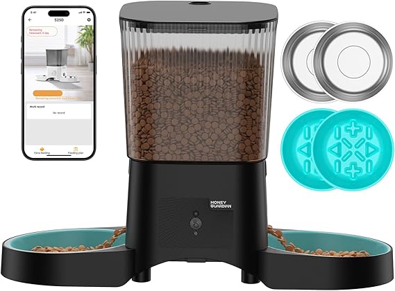 HoneyGuaridan Automatic Cat Feeder with 2.4G/5G WiFi, 3.5L Cat Food Dispenser with APP Control – Includes 2 Stainless Steel Bowls & 2 Slow Feeder Anti-Choking Bowls, Four Anti-Slip Feet