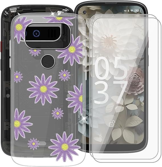 Clear Case for Unihertz Jelly Max (5.05") with 2 x Tempered Glass Protective Film, Slim Shockproof Soft Silicone Cover, 360 Drop-Proof Phone Case for Unihertz Jelly Max - Purple Flower