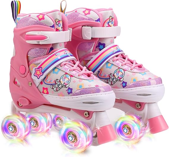 Kids Roller Skates Adjustable Roller Skates Girls Ages 3-12, 4 Size Adjustable Kids Skates, with 4 Light UP Wheels, Roller Skates for Toddlers Beginner