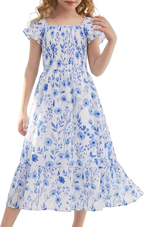 GRACE KARIN Girls Flutter Sleeve Floral Dresses Girl Long Midi Spring Dress Kids Smocked Flare Summer Dress 6-16Y