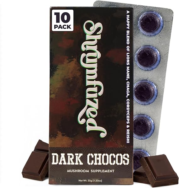 Shrumfuzed Mushroom Chocolate | Nootropic Mushroom Supplement with Lion's Mane, Reishi, Cordyceps & Chaga | 10 Count, Dark Chocolate