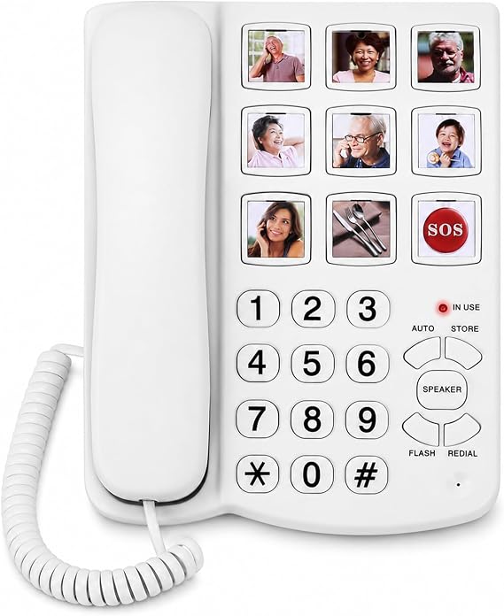 Corded Landline Phones for Seniors - Dementia/Alzheimers Phone for Seniors, 9 Big Picture Buttons & One-Click Dialing - 110dB Loud Ringer, Hands-Free - for Visual Hearing & Memory Impairments