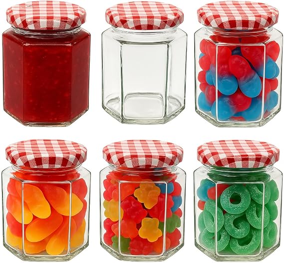 Offer Shop Glass Jam Jars with Red Gingham Lid & Labels - 280ml / 9oz Hexagonal Storage Glass Jars | Clear Airtight Jar for Kitchen Spices Honey or Sweets - 6 Set