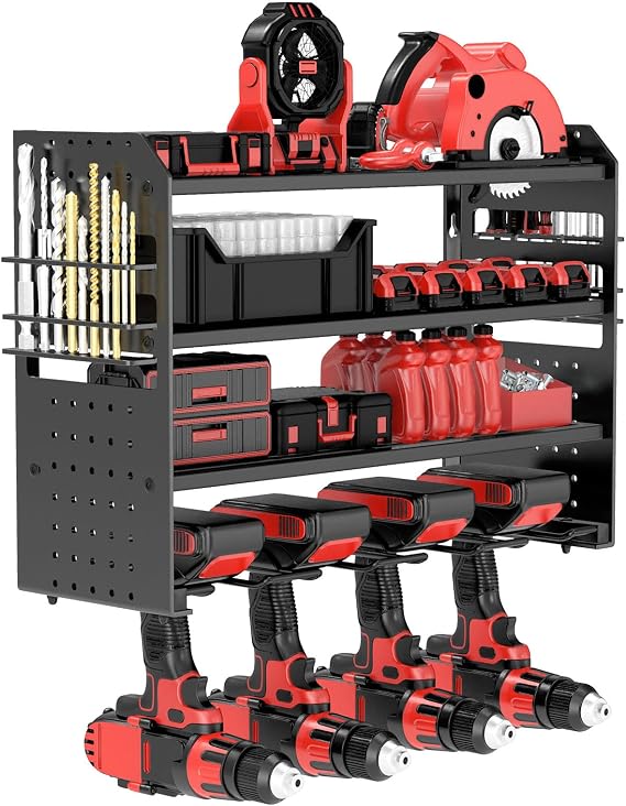 Power Tool Organizer Wall Mount, Metal Power Tool Storage Rack with Screwdriver Holder, Garage Tool Storage Shelves with Screwdriver Plier Holder (Black, 4 Drill)