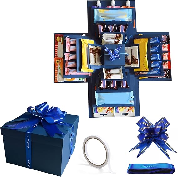 5 Layer Snack Explosion Box, Explosion Gift Box Creative Surprise Boxes with Tape and Ribbon DIY Folding Gift Boxes Surprise Case for Birthday Anniversary Wedding (Blue)