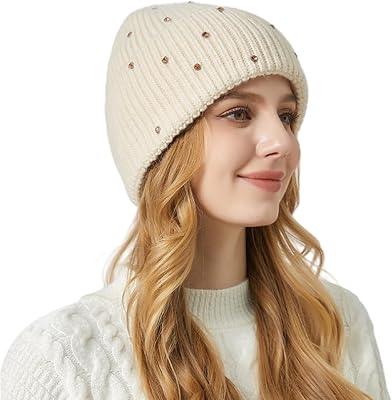Warm Wool Beanie Hats for Women Girls Sparkly Rhinestones Winter Hat Fluffy Knitted Skull Cap