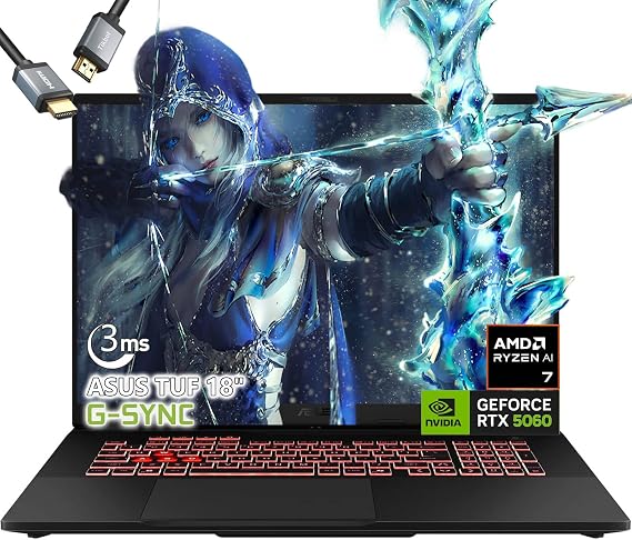 ASUS TUF Gaming Laptop A18 inch - AMD Ryzen 7 260 Beat i9-13905H - 32GB RAM| 2TB SSD -NVIDIA RTX 5060-18" WUXGA Display 144Hz - RGB Backlit Keyboard - USB Type-C - FHD Camera - HDMI Cable