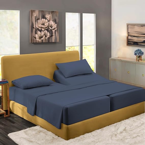 Pizuna 100% Cotton Split King Sheet Set Dark Blue, 800 Thread Count 100% Long Staple Cotton Split King Sheets for Adjustable Bed, 15" Deep Pocket Sheets (Combed Cotton Bed Sheets - 5PC)