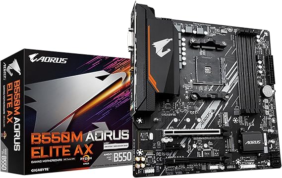 GIGABYTE B550M AORUS Elite AX Motherboard - AMD Ryzen 5000 CPUs 5+3 Phase VRM up to 4733 MHz DDR4 1xPCIe 4.0 + 1xPCIe 3.0 M.2 Wi-Fi 6E 1GbE LAN USB 3.2 Gen 1