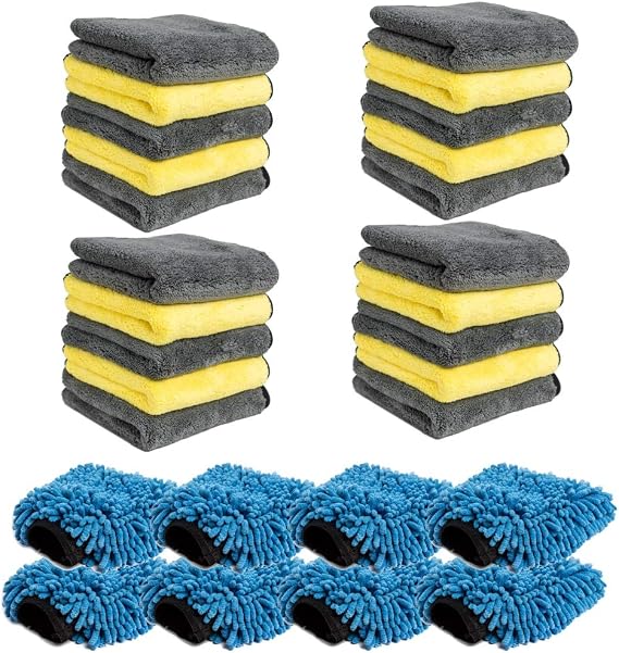 Pro-Kleen 20 x Microfibre Cleaning Cloths Towels 40 X 40cm For Car Or Home, Super Thick 1000GSM Commercial Grade And 8 x Microfiber Wash Pad Large
