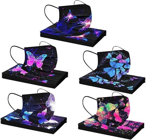 BOFFO 50 Pcs Butterfly Floral Face Bandanas with 3 Layer Face Filter with Elastic Earloop, Breathable with Lace Print Pattern, Suitable for school office outdoor for unisex Adult, Multicolored4