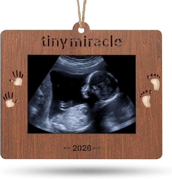 Creawoo 2026 Tiny Miracle Christmas Keepsake Ornament Sonogram Picture Frame Ultrasound Photo Frame Idea XMAS Gift for Expecting Parents and Grandparents, Wooden Christmas Tree Decoration