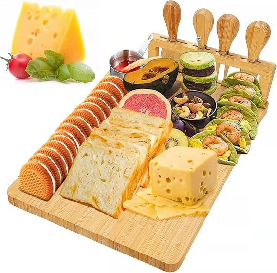 Bamboo Cheese Board, Cheese Tray with 4 Stainless Cutlery Set,Charcuterie Board and Serving Meat Platter, Cheese Platter Gift for Christmas, House Warming, Thanksgiving