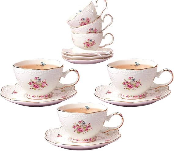 Jusalpha Serve of 6 Porcelain Flower Series Tea Cup and Saucer Set