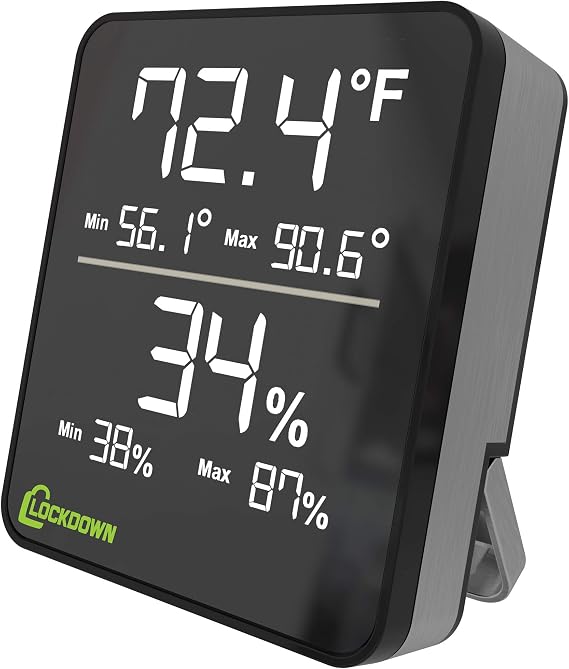LOCKDOWN Digital Hygrometer with Convenient Design, Backlit Screen and Min/Max Reading for Temp and Humidity Monitoring in Safes, Rooms, Cases and Cabinets