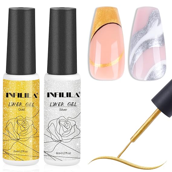 NXJ INFILILA Gel Nail Polish Art Liner, 2 Classic Silver Gold Glitter Gel Polish Reflective Glitter Color Soak Off with Built-in Thin Brush for DIY Design, Home & Salon Manicure Kit