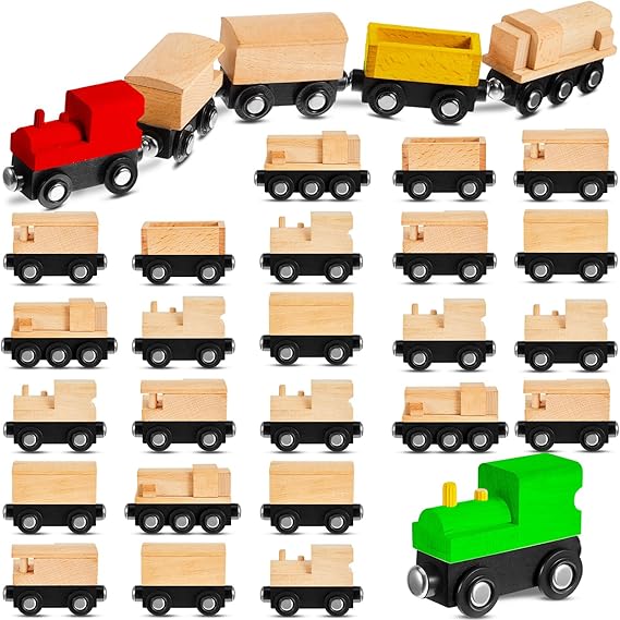 Halloscume 10 Pcs Unfinished Magnetic Wooden Train Cars 5 Styles DIY Unpainted Wood Trains for Paint Crafts Project & Summer Camp, Birthday Party Favors Decorations (Retro)