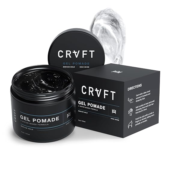 CRVFT Gel Pomade 4oz | High Shine/Medium Hold | Water Based/Water Soluble | Ideal For Short/Medium Thin/Thick Hair | For A Clean Cut Look | Mens Styling Product [Clear], Stylist Approved [Scented]