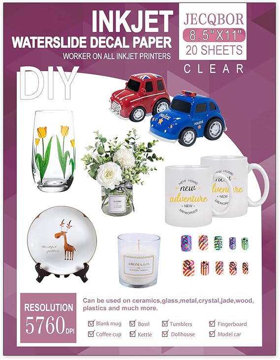 20 Sheets Waterslide Decal Paper INKJET CLEAR, 8.5X11 Inch Vibrant Color