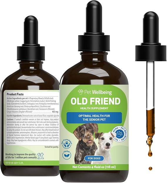 Pet Wellbeing Old Friend for Senior Dogs & Cats- Supports Immune System Health, Joint Mobility, Healthy Energy Levels, Alfalfa, Reishi - Veterinarian-Formulated Herbal Supplement 4 oz (118 ml)