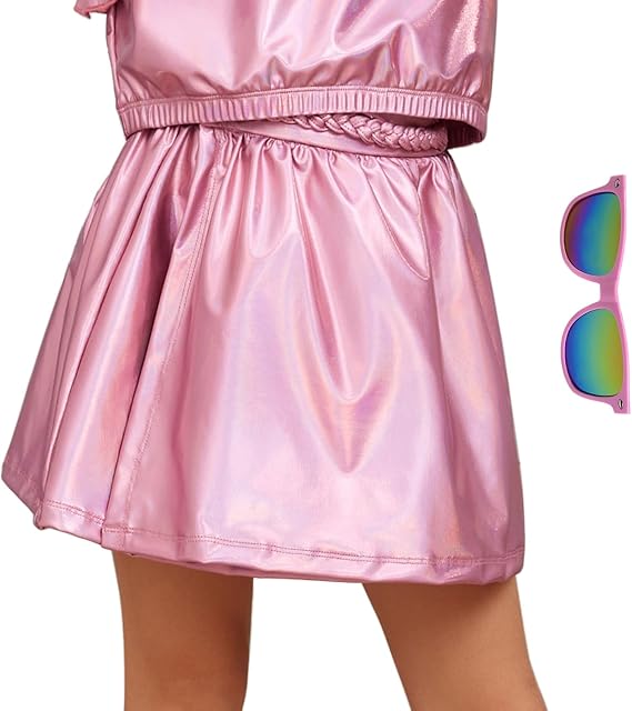Perfashion Girls Metallic Wrap Skirt Sparkly Dance A-Line Elastic Waist Skirt with Sunglasses 3-13 Years