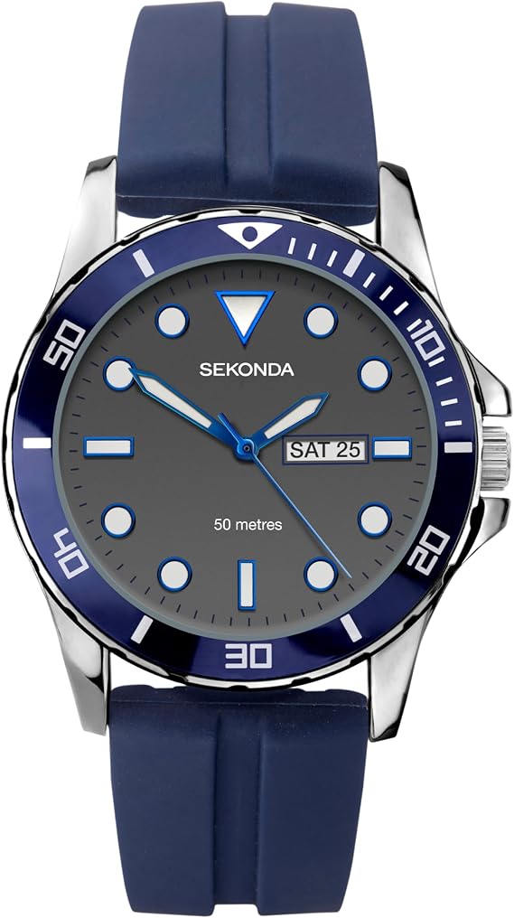Sekonda Mens 43mm Balearic Analogue Sports Watch with Day Date Window Fixed Bezel Rubber Strap Water Resistant 50 metres | 50 Metres Water Resistance, mineral glass crystal, day and date display, ion-plated case