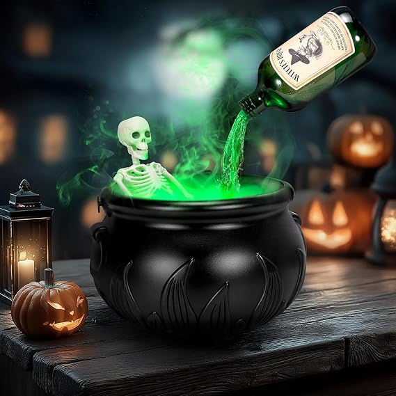 Halloween Indoor Decorations - Black Witches Cauldron with Skeleton, Floating Potion Bottles & Fog Maker | Spooky Party Decor for Home Tables