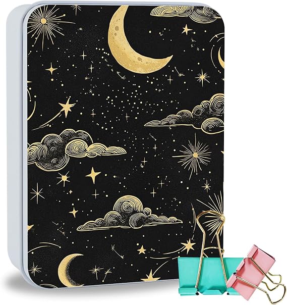 Metal Tin Box Sturdy Metal Storage Box with Lid, Large Container Holder for TCG Cards, Jewelry, Cookies, Car Keys and More, Tin Containers for Gift, Stars Clouds and Moon