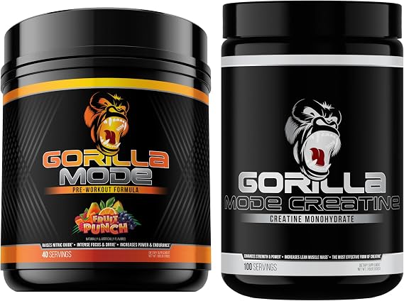 Gorilla Mind Pre Workout (Fruit Punch) + Creatine (100 Serv.) - Comprehensive Stack for Improved Strength, Power Output, and Muscle Size