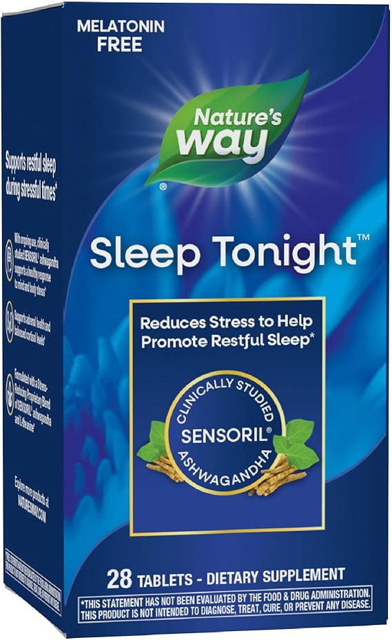 Nature's Way Sleep Tonight, Stress-Reducing Formula to Promote Restful Nights*, Melatonin Free Sleep Support with Ashwagandha and L-Theanine*, Vegan, 28 Tablets (Packaging May Vary)
