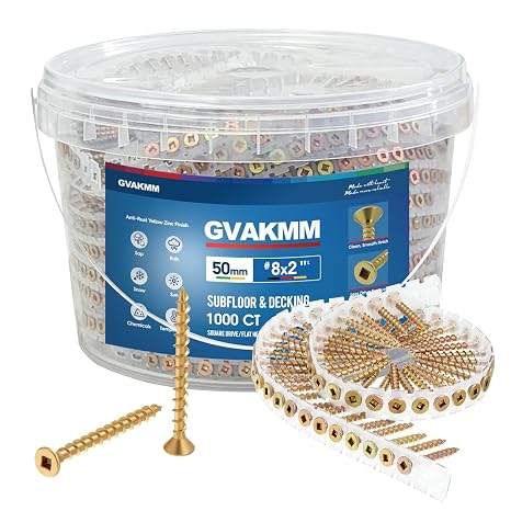 #8 2 in Subfloor to Wood Collated Screws 1000 Count, Square Drive Flat Head, Anti-Rust Yellow Zinc Finish, Coarse Thread Wood Screws with Storage Bucket