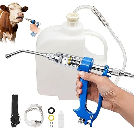Veterinary Metal Permanent Drench Gun, Dosing Device, 5-30 ml, Adjustable with 2500 ml Container, Oral Drench Gun, Without Needle, Stainless Steel Spout, Non-Slip Handle, Suitable for Cattle, Pigs